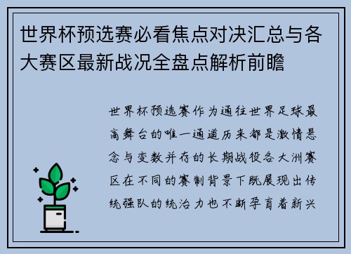 世界杯预选赛必看焦点对决汇总与各大赛区最新战况全盘点解析前瞻