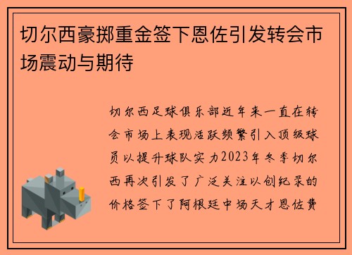切尔西豪掷重金签下恩佐引发转会市场震动与期待