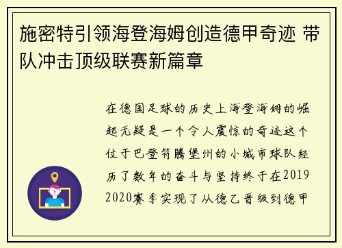 施密特引领海登海姆创造德甲奇迹 带队冲击顶级联赛新篇章 施密特引领海登海姆创造德甲奇迹 带队冲击顶级联赛新篇章