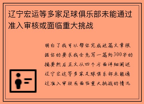 辽宁宏运等多家足球俱乐部未能通过准入审核或面临重大挑战 辽宁宏运等多家足球俱乐部未能通过准入审核或面临重大挑战